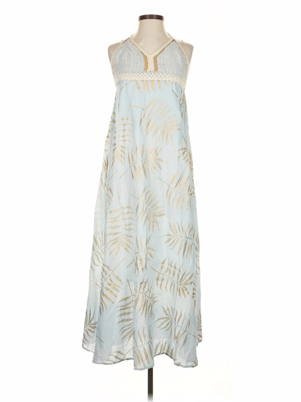 Debbie Katz Light Blue Crochet Halter Maxi Dress with Palm Print